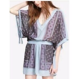 Free People boho hippie festival mini dress slate blue, purple side zip V-neck